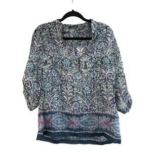 MASSIMO DUTTI Blue Purple Floral Print Tab-Sleeve Top Blouse Semi-Sheer - Sz 4